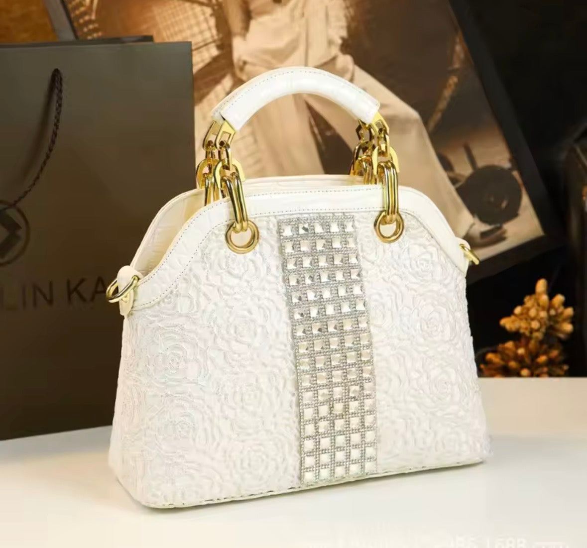 Diamond Embellished Lace Crocodile Pattern Women's Bag Shoulder Crossbody Handbag