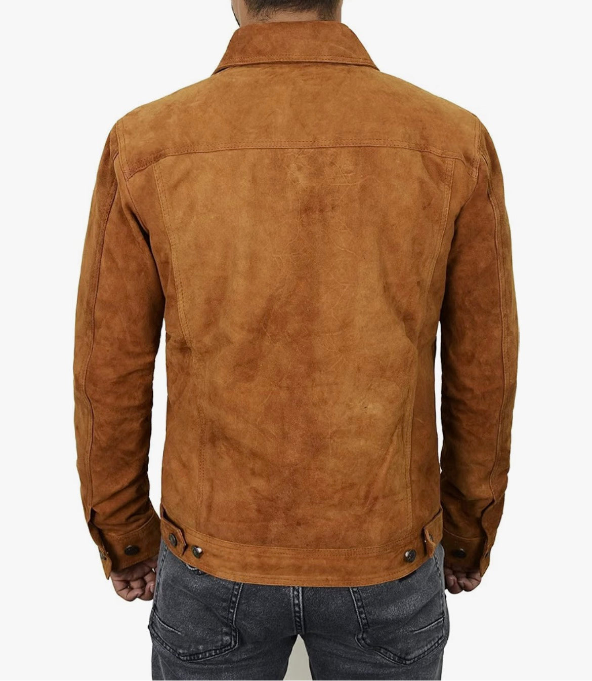 Premium Brown Suede Trucker Leather Jacket Mens
Shirt Collar, Button Front, Chest Flap Pockets, Cuff Buttons, Waist Tab Adjusters, Polyester Lined, Inside Pocket