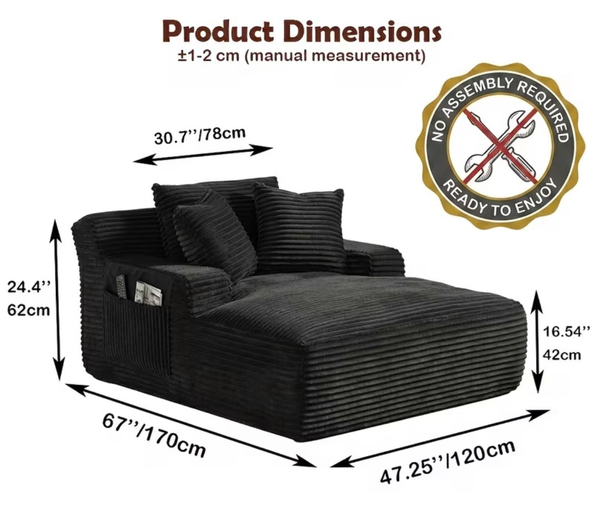 47.25 Inch Wide Indoor Chaise Lounge Chair, Oversized Upholstered Flannel Boneless Sofa Bed with 3 Pillows And Side Pockets, Deep Seat Sleeper Couch Reading Chairs, Cloud Sofas Couches for Living Room, No Assembly Required