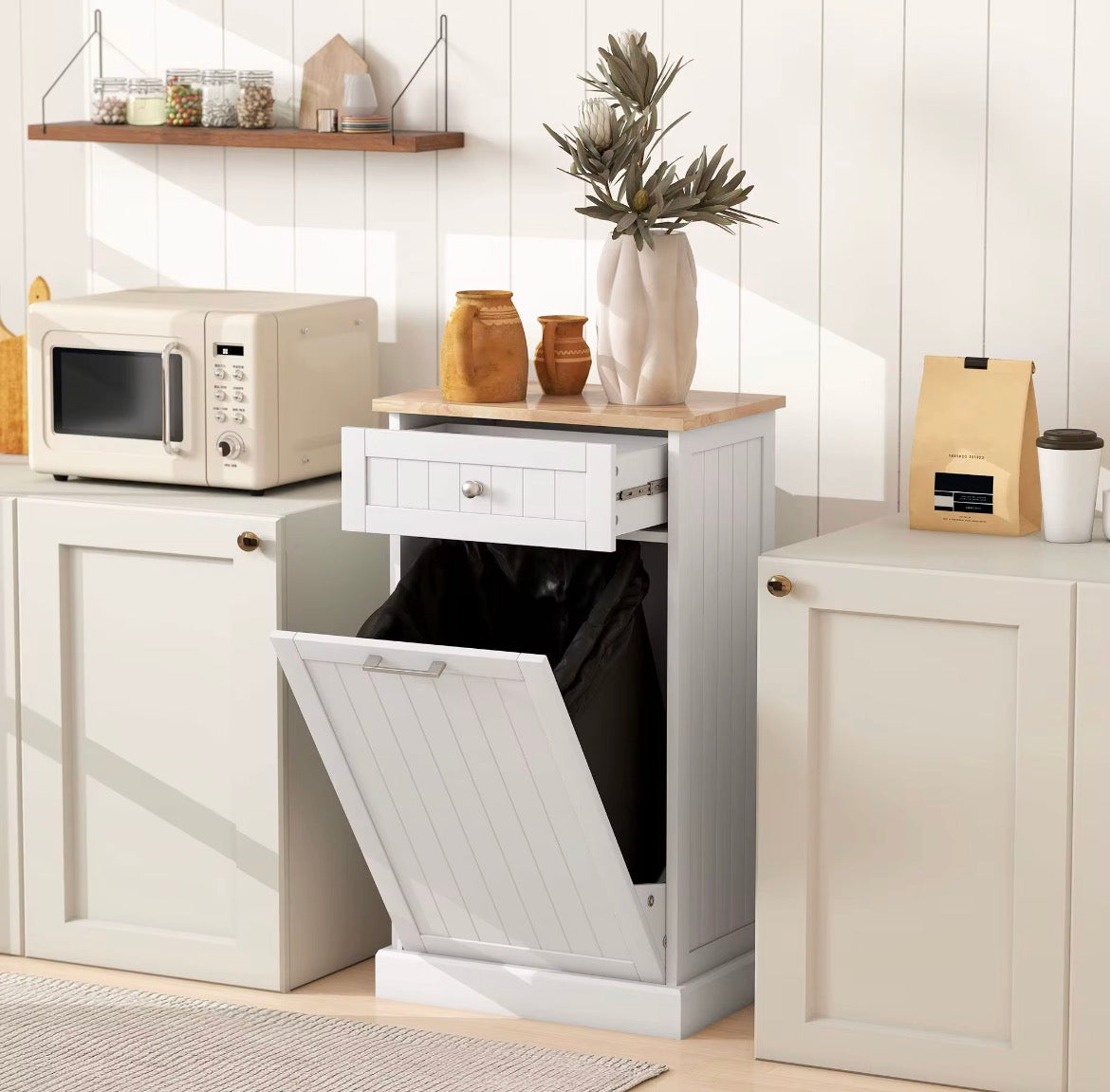 Farmhouse Tilt-Out Trash Can Cabinet, Fits 10-Gallon Bin, Double Hidden Garbage Storage with 1 Drawer for Kitchen