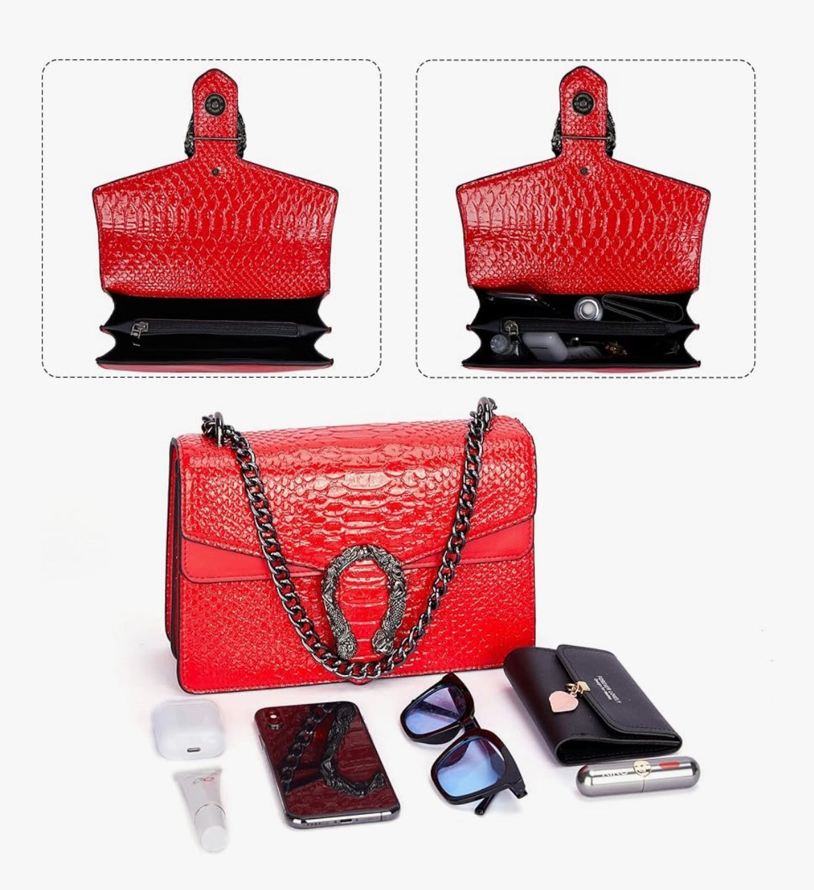 Leather Shoulder Bag Chain Purse for Women - Fashion Crossbody Bags Vintage Snake Print Underarm Bag Square Satchel Handbag