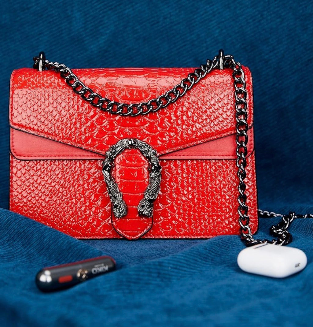 Leather Shoulder Bag Chain Purse for Women - Fashion Crossbody Bags Vintage Snake Print Underarm Bag Square Satchel Handbag