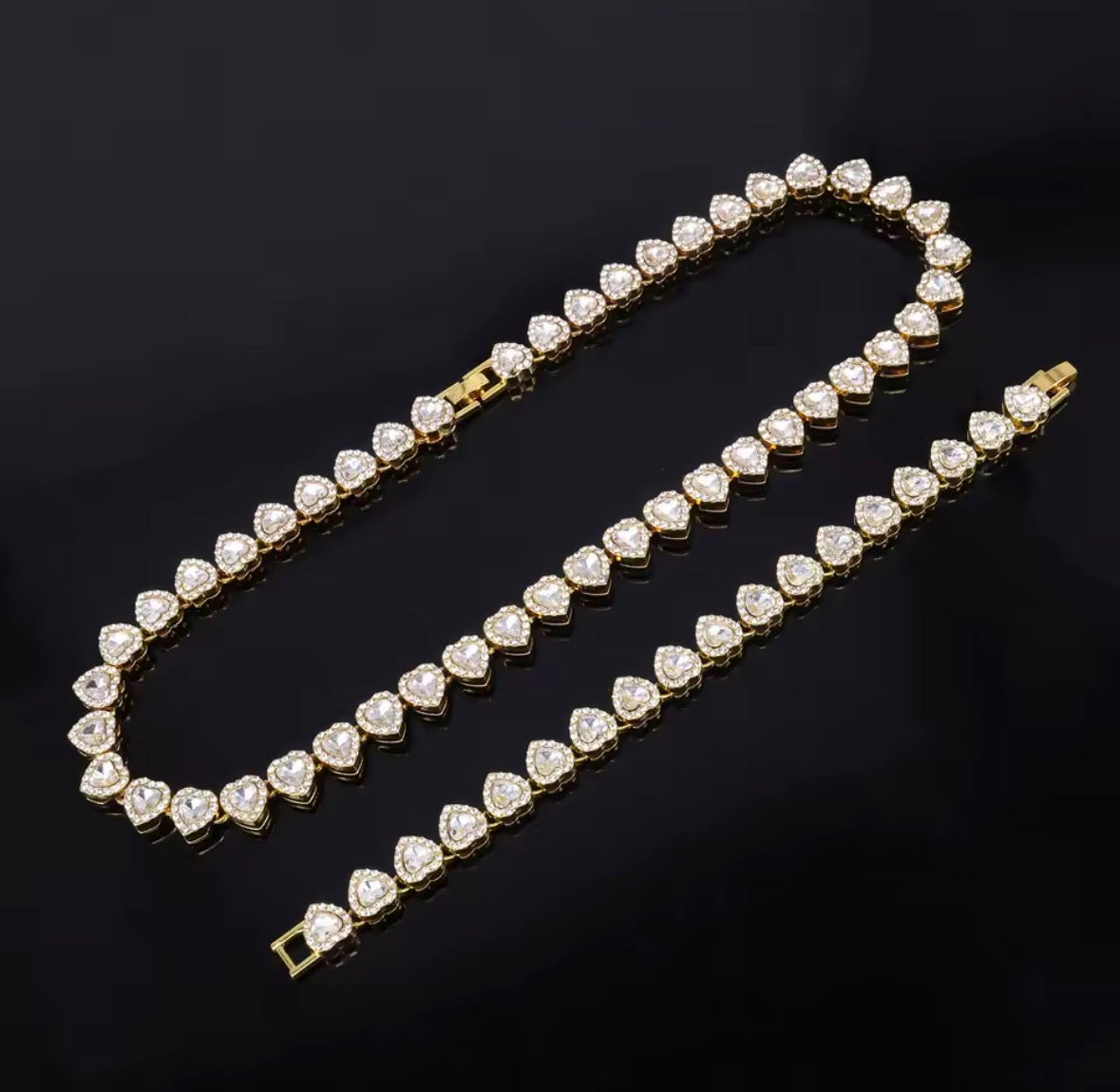 Shiny Heart Zircon Hip Hop Rock Tennis Chain Jewelry Set - Bracelet & Necklace Combo For Women & Men