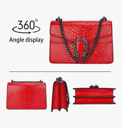 Leather Shoulder Bag Chain Purse for Women - Fashion Crossbody Bags Vintage Snake Print Underarm Bag Square Satchel Handbag
