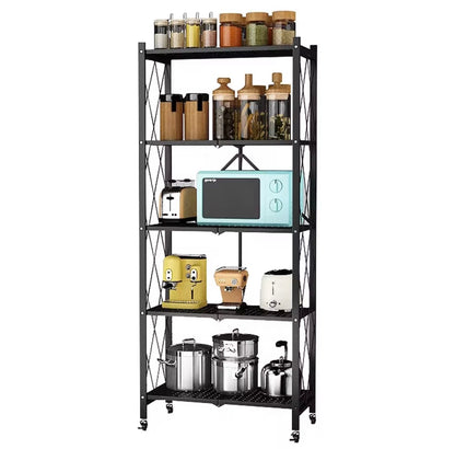 4 5 Tier Foldable Storage Shelves With Wheels, Large Capacity Shelving Unit, Freestanding Metal Wire Shelf Rack, No Assembly