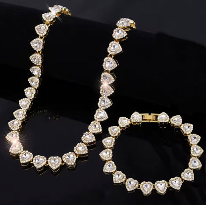 Shiny Heart Zircon Hip Hop Rock Tennis Chain Jewelry Set - Bracelet & Necklace Combo For Women & Men