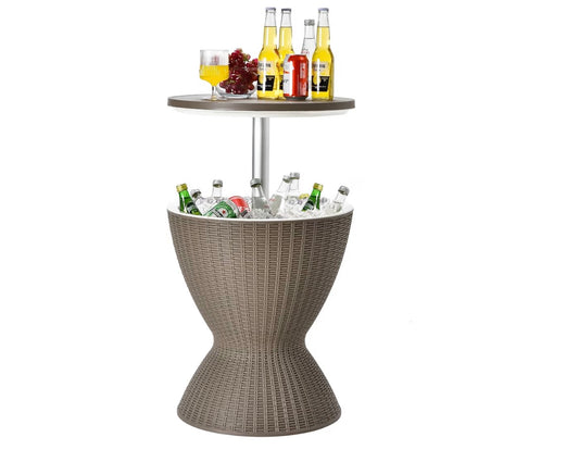 Outdoor Cool Bar Table, 8 Gallon Beer and Wine Cooler, Height Adjustable Rattan Style Cocktail Patio Bar Tables, 3-in-1 Ice Cooler with Drainage Plug for Deck, Pool, Party, Beach (Coffee)