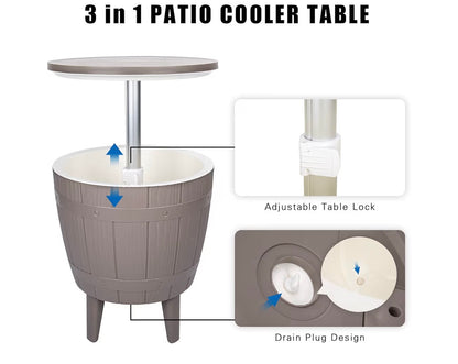 Outdoor Cooler Table - 10 Gal Adjustable Height Patio Furniture with Cool Bar for Party, Beer, Wine, Beverage - Pool Deck and Garden Decor
