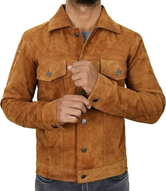 Premium Brown Suede Trucker Leather Jacket Mens
Shirt Collar, Button Front, Chest Flap Pockets, Cuff Buttons, Waist Tab Adjusters, Polyester Lined, Inside Pocket