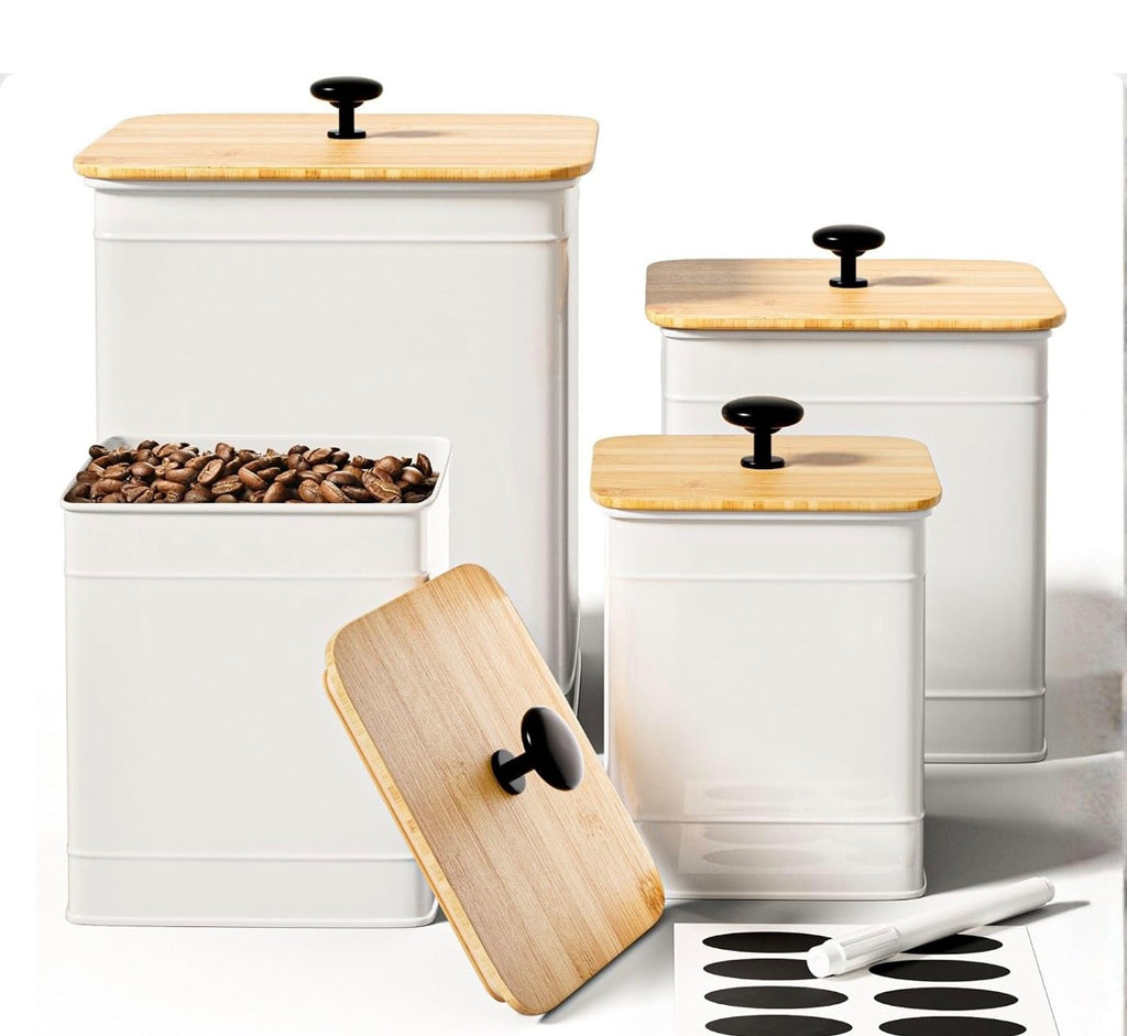 Kitchen Canisters for Countertop Set Of 3 Metal Canisters Sets with Bamboo Lids Spoon Airtight High Capacity Coffee Tea Sugar Flour Jars with DIY Labels Farmhouse Food Storage (White)