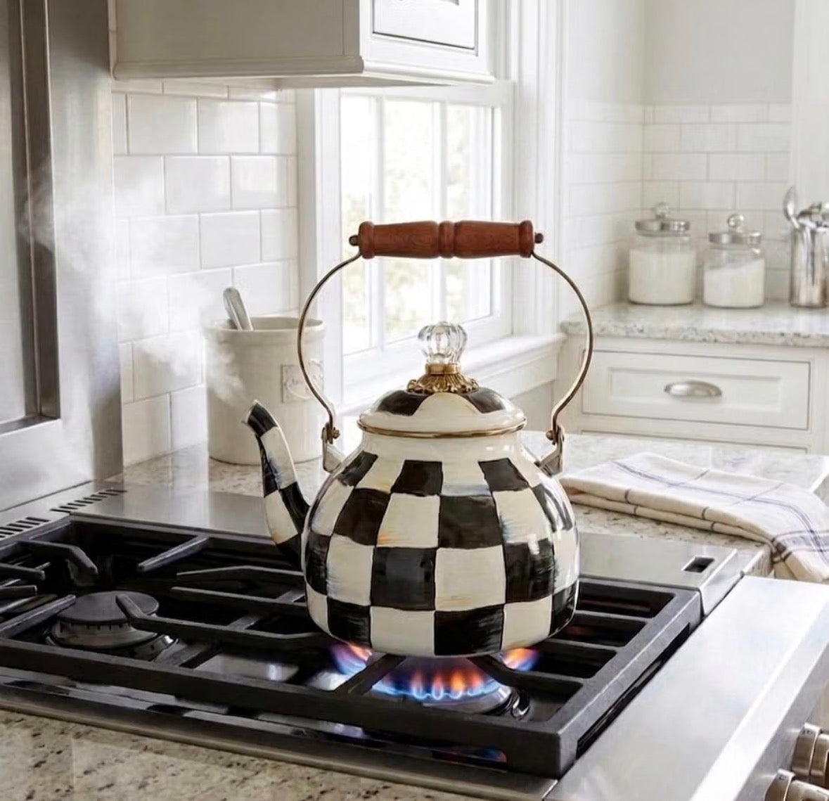 Checkered Tea Kettle for Checkered Kitchen Decor - Black and White Tea Kettle for Stovetop - Stylish Enamel Teapot with Wooden Handle - Vintage Classic Teapot with Elegant Lid & Knob- 2.5 Quart
