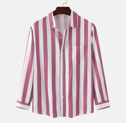 Striped Shirt for Men Long Sleeve Sprring Fall Casual Button Down Shirt Loose Fit Lightweight Retro Shirt