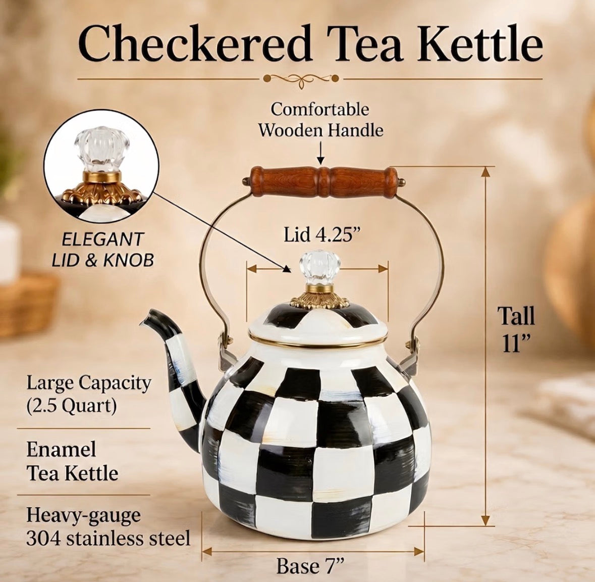 Checkered Tea Kettle for Checkered Kitchen Decor - Black and White Tea Kettle for Stovetop - Stylish Enamel Teapot with Wooden Handle - Vintage Classic Teapot with Elegant Lid & Knob- 2.5 Quart