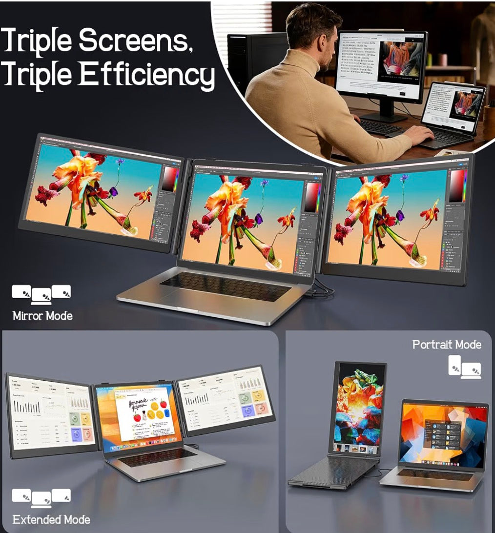 Laptop Screen Extender, 14'' FHD 1080P Ultra-Slim Triple Portable Monitor for Laptops, Two Cable USB-C Travel Monitor Extender Plug & Play for 13"-17" Laptop, Compatible with Wins/Mac/Android/Chrome