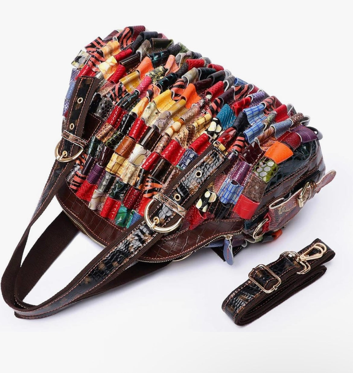 Women Multicolor Genuine Leather Boston Tote Bag Colorful Handbag Crossbody Bags