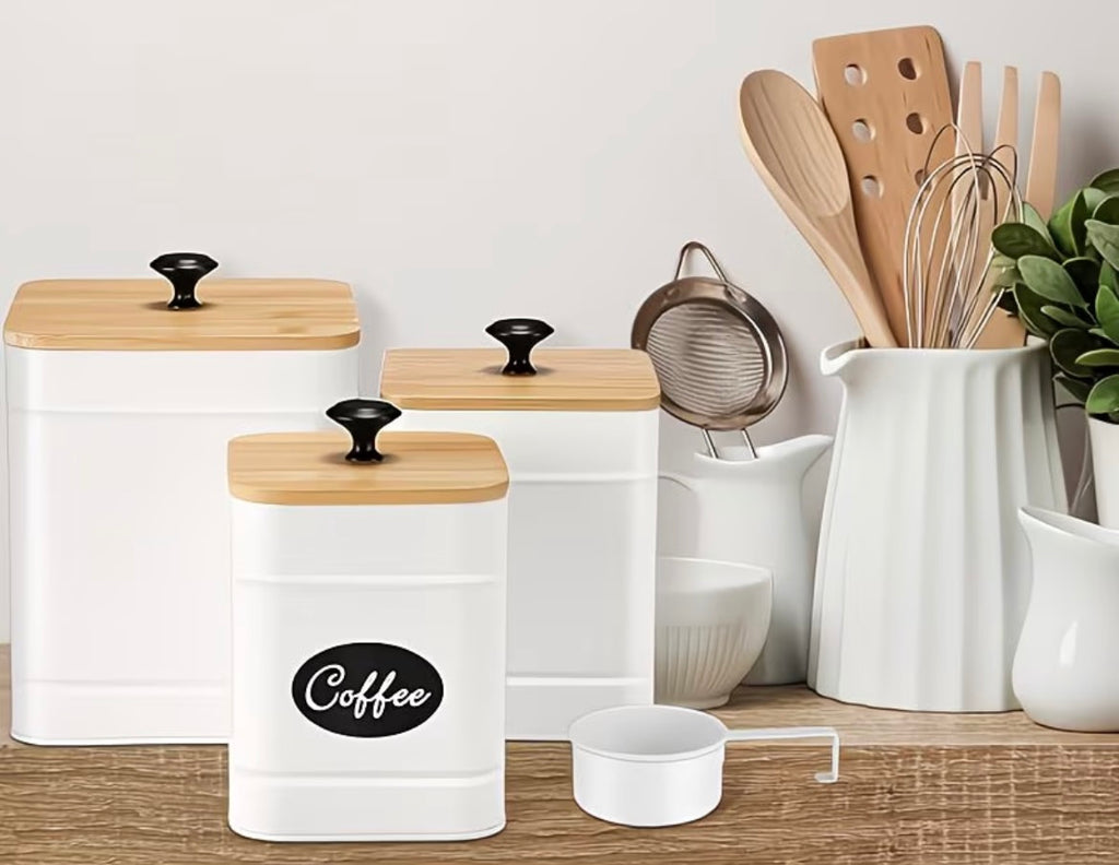 Kitchen Canisters for Countertop Set Of 3 Metal Canisters Sets with Bamboo Lids Spoon Airtight High Capacity Coffee Tea Sugar Flour Jars with DIY Labels Farmhouse Food Storage (White)