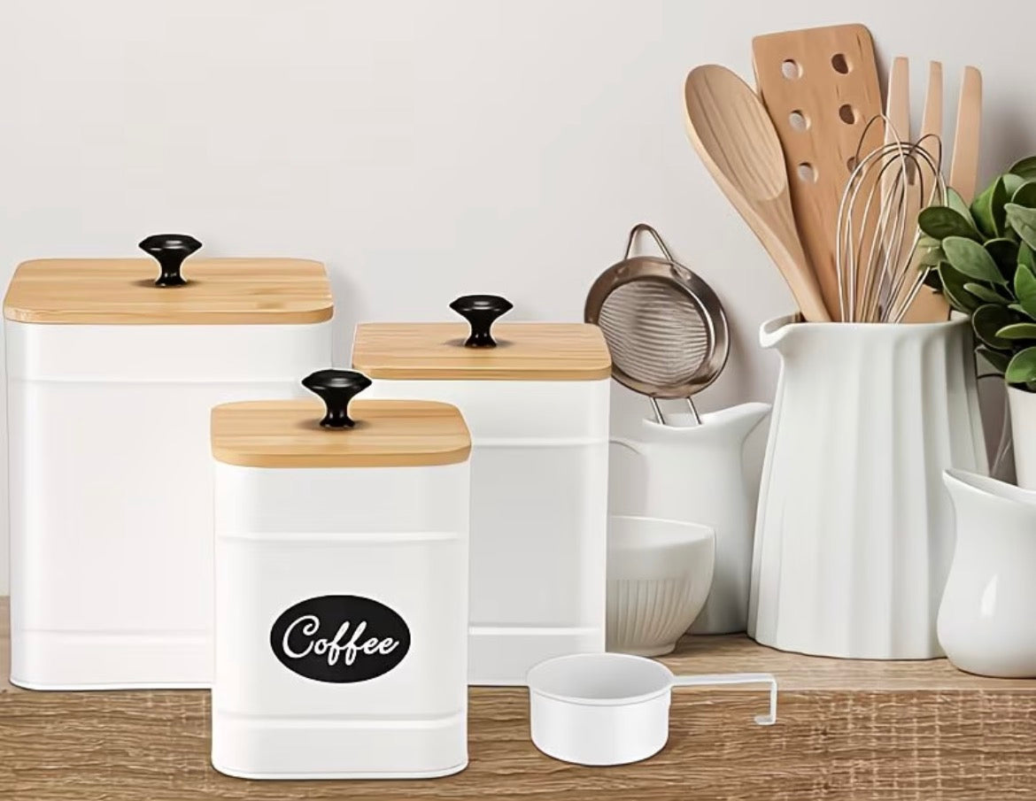 Kitchen Canisters for Countertop Set Of 3 Metal Canisters Sets with Bamboo Lids Spoon Airtight High Capacity Coffee Tea Sugar Flour Jars with DIY Labels Farmhouse Food Storage (White)