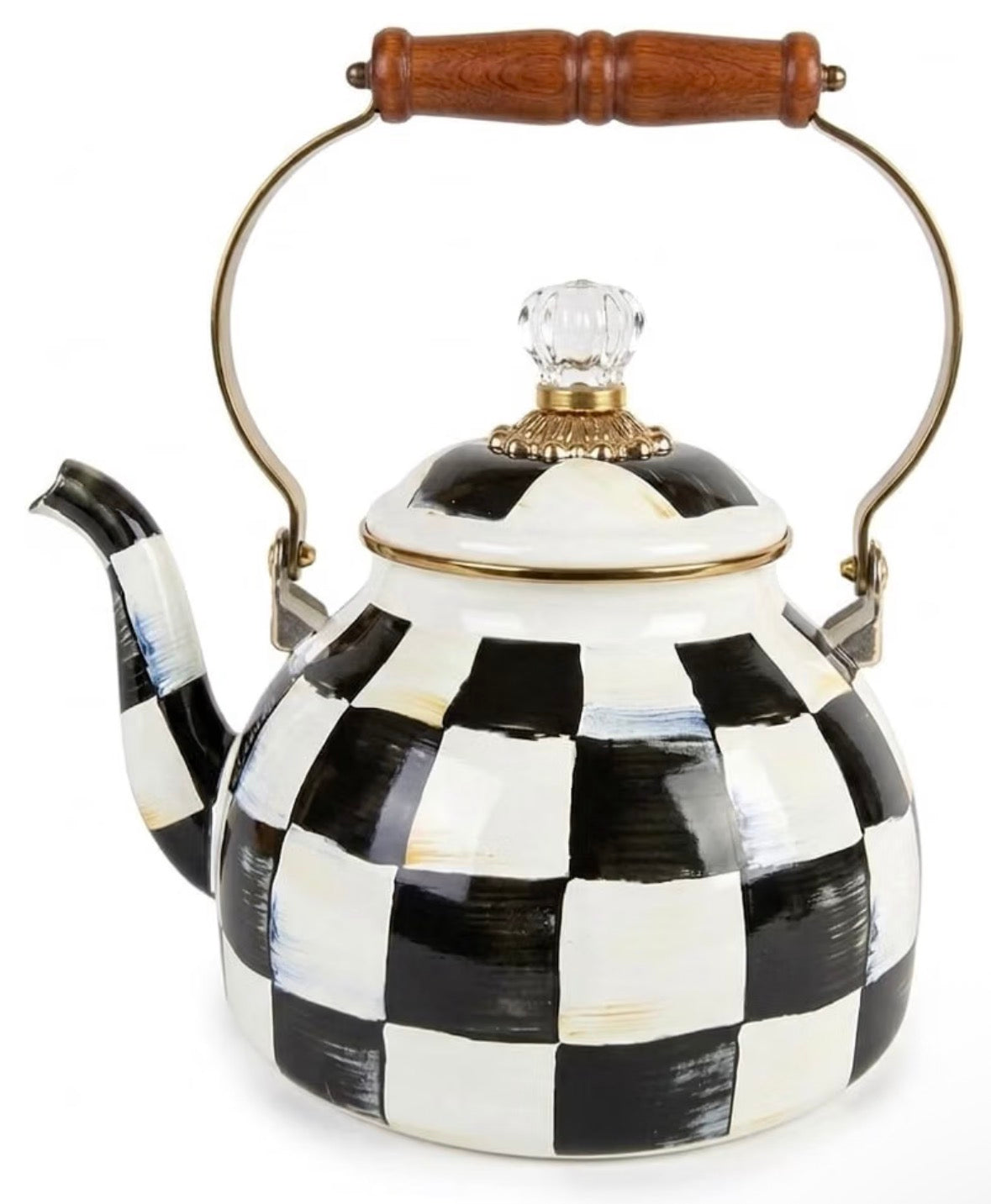 Checkered Tea Kettle for Checkered Kitchen Decor - Black and White Tea Kettle for Stovetop - Stylish Enamel Teapot with Wooden Handle - Vintage Classic Teapot with Elegant Lid & Knob- 2.5 Quart