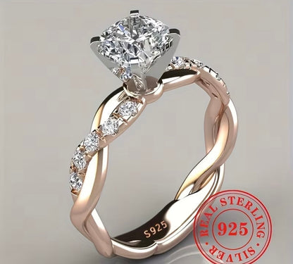 S925 Sterling Silver Two-Tone Twisted Halo Ring with 4-Prong Set Cubic Synthetic Zirconia Decor