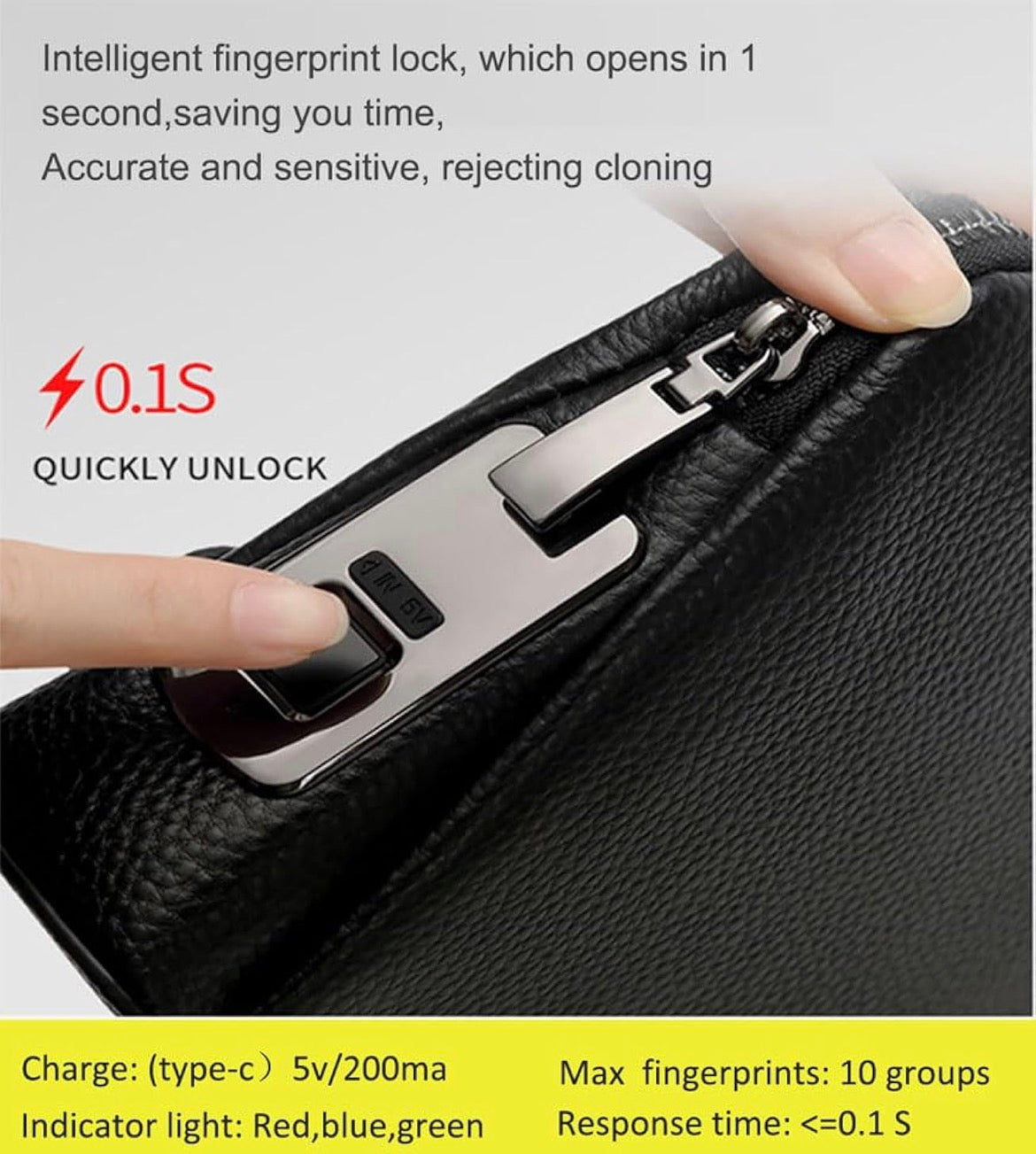 Fingerprint Leather Handbag,Anti Theft Waterproof Genuine Leather Clutch Bag Wallet for Man Woman (Black)