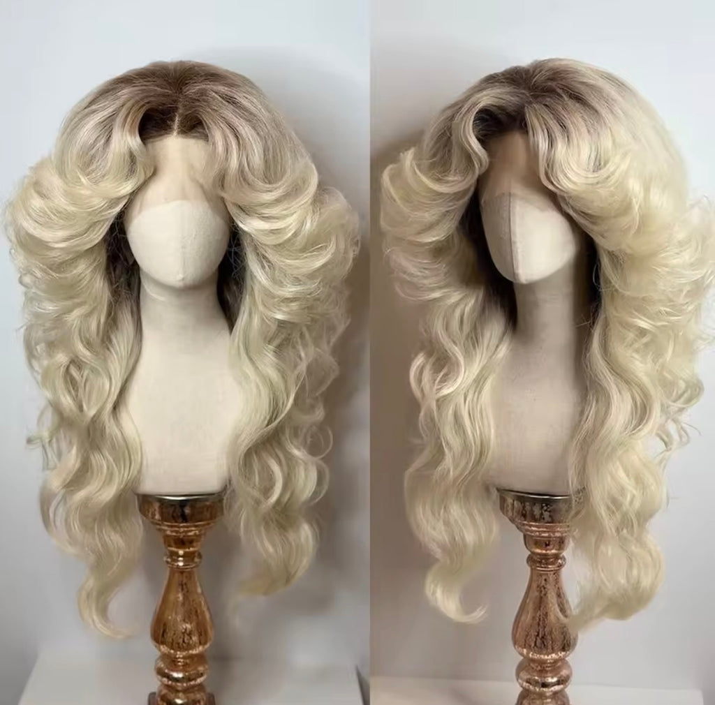 Women 70s HD lace closure 5*5 Wig ombre Blonde big body Wave Disco Singer Wig Vintage Costume Wig Halloween Party Costume Wig