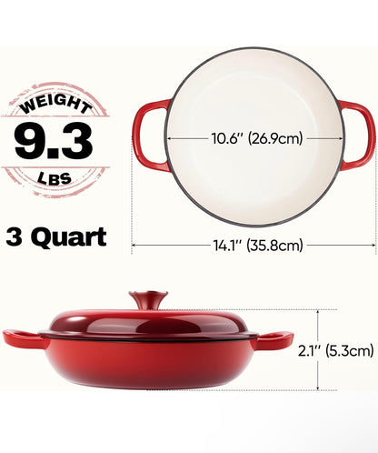 Enamelled Cast Iron Dutch Oven Pot – Dutch Oven For Sourdough Bread Baking – Cast Iron Bread Pot – Red, 3 Quarts, 26cm