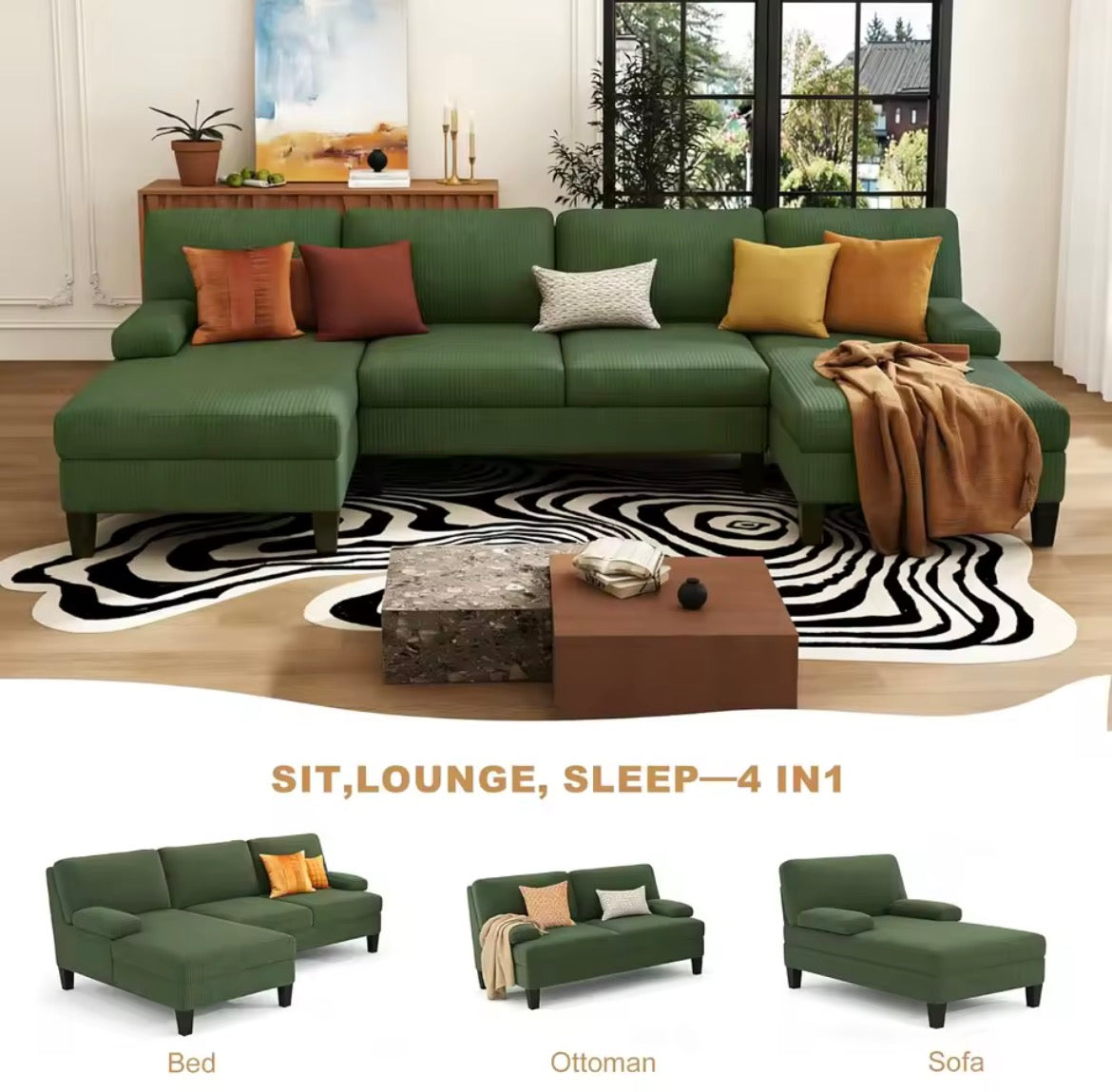 U-Shaped Sectional Couches for Living Room, 108" Modern Sectional Couch with Double Chaise, Green Velvet Chenille,