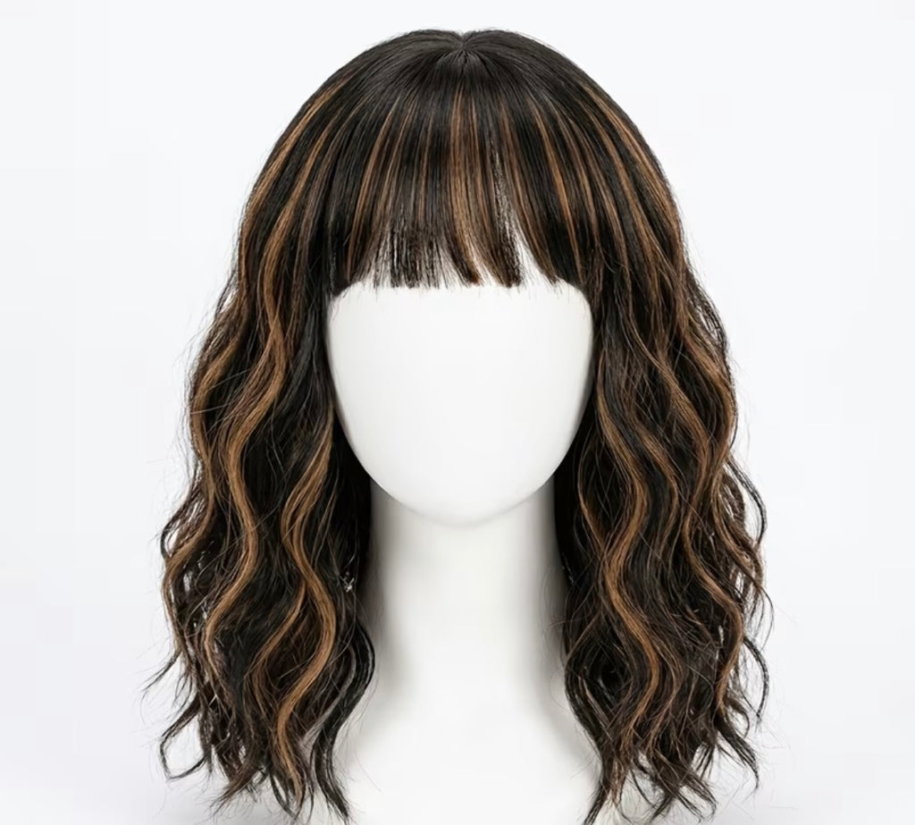 Women'S Medium And Long Wavy Curly Wig (With Air Bangs) - Highlights And High-Gloss Synthetic Hair, High Temperature