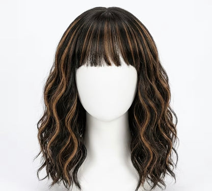Women'S Medium And Long Wavy Curly Wig (With Air Bangs) - Highlights And High-Gloss Synthetic Hair, High Temperature