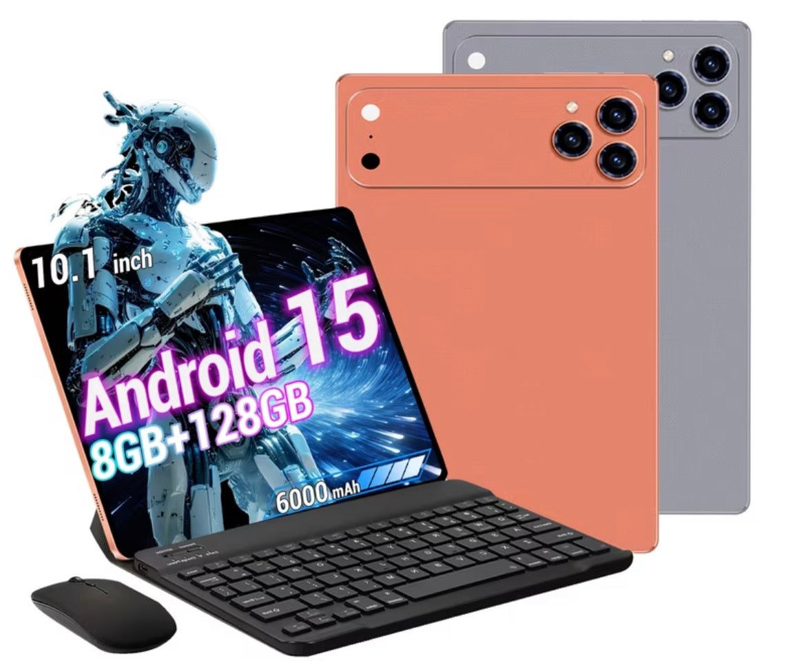 2026 Business Tablet, 2-in-1 Device, 10.1-inch HD Display, Android 15, 8 GB (4+4) RAM, 128 GB Storage, Dual-band Wi-Fi, 6000 MAh Battery. Dual Sim Card- Orange