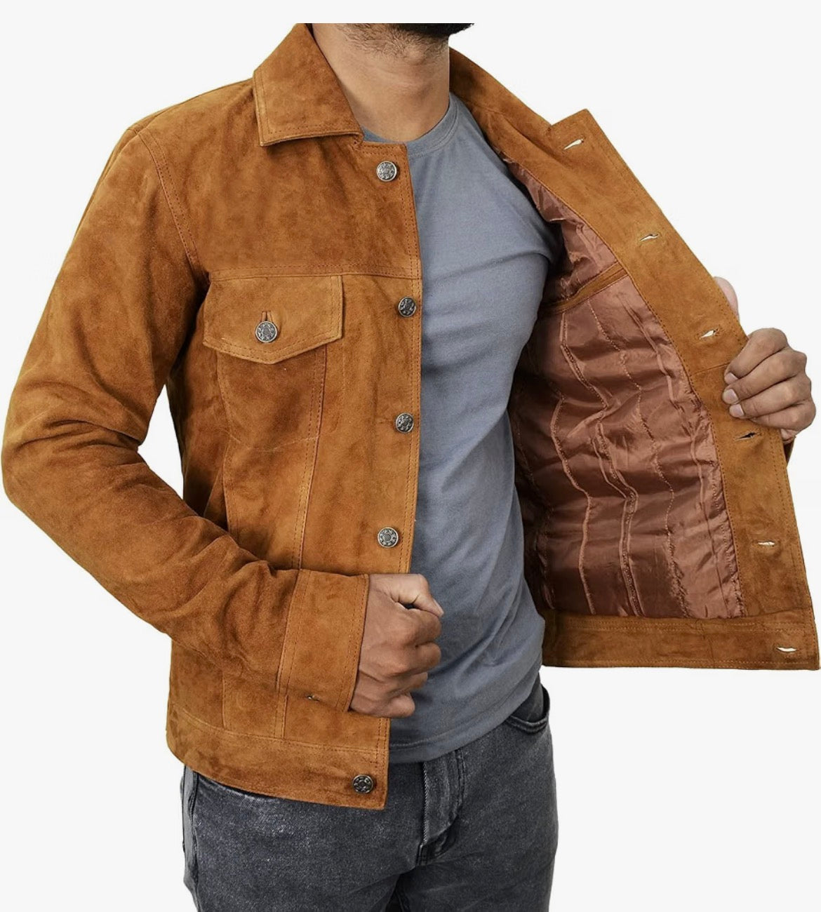 Premium Brown Suede Trucker Leather Jacket Mens
Shirt Collar, Button Front, Chest Flap Pockets, Cuff Buttons, Waist Tab Adjusters, Polyester Lined, Inside Pocket