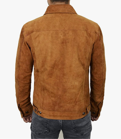 Premium Brown Suede Trucker Leather Jacket Mens
Shirt Collar, Button Front, Chest Flap Pockets, Cuff Buttons, Waist Tab Adjusters, Polyester Lined, Inside Pocket