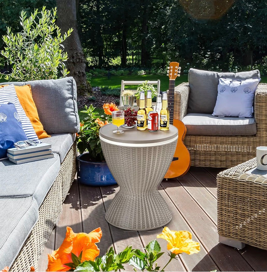 Outdoor Cool Bar Table, 8 Gallon Beer and Wine Cooler, Height Adjustable Rattan Style Cocktail Patio Bar Tables, 3-in-1 Ice Cooler with Drainage Plug for Deck, Pool, Party, Beach (Coffee)