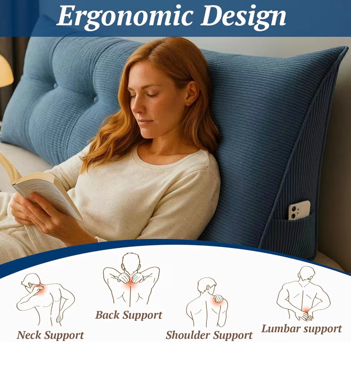 Wedge Headboard Pillow, Bed Backrest Reading Cushion, Large Sitting Support Pillow Back Pillow for Bed Sitting up (Blue, Queen)