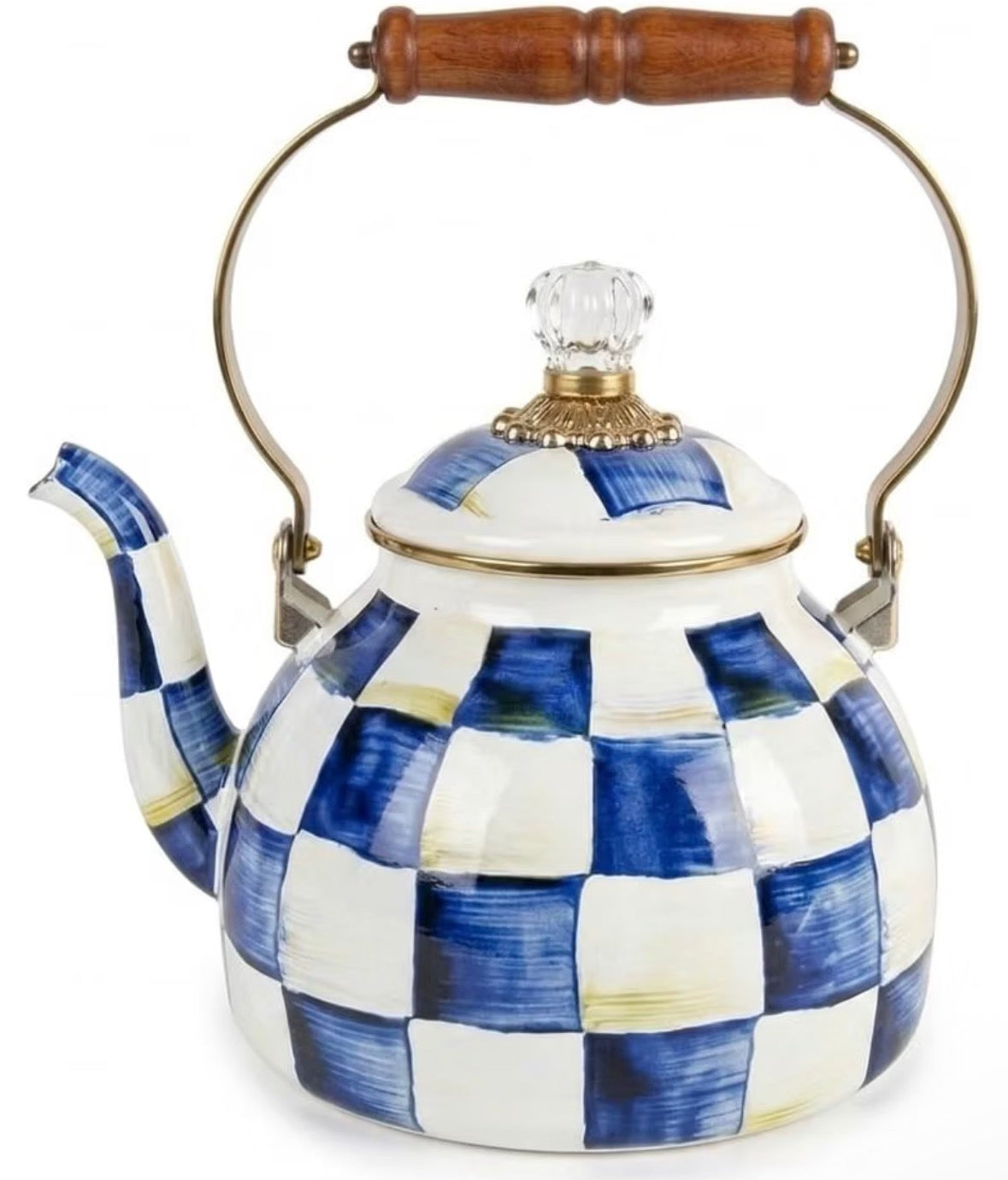Checkered Tea Kettle for Checkered Kitchen Decor - Black and White Tea Kettle for Stovetop - Stylish Enamel Teapot with Wooden Handle - Vintage Classic Teapot with Elegant Lid & Knob- 2.5 Quart