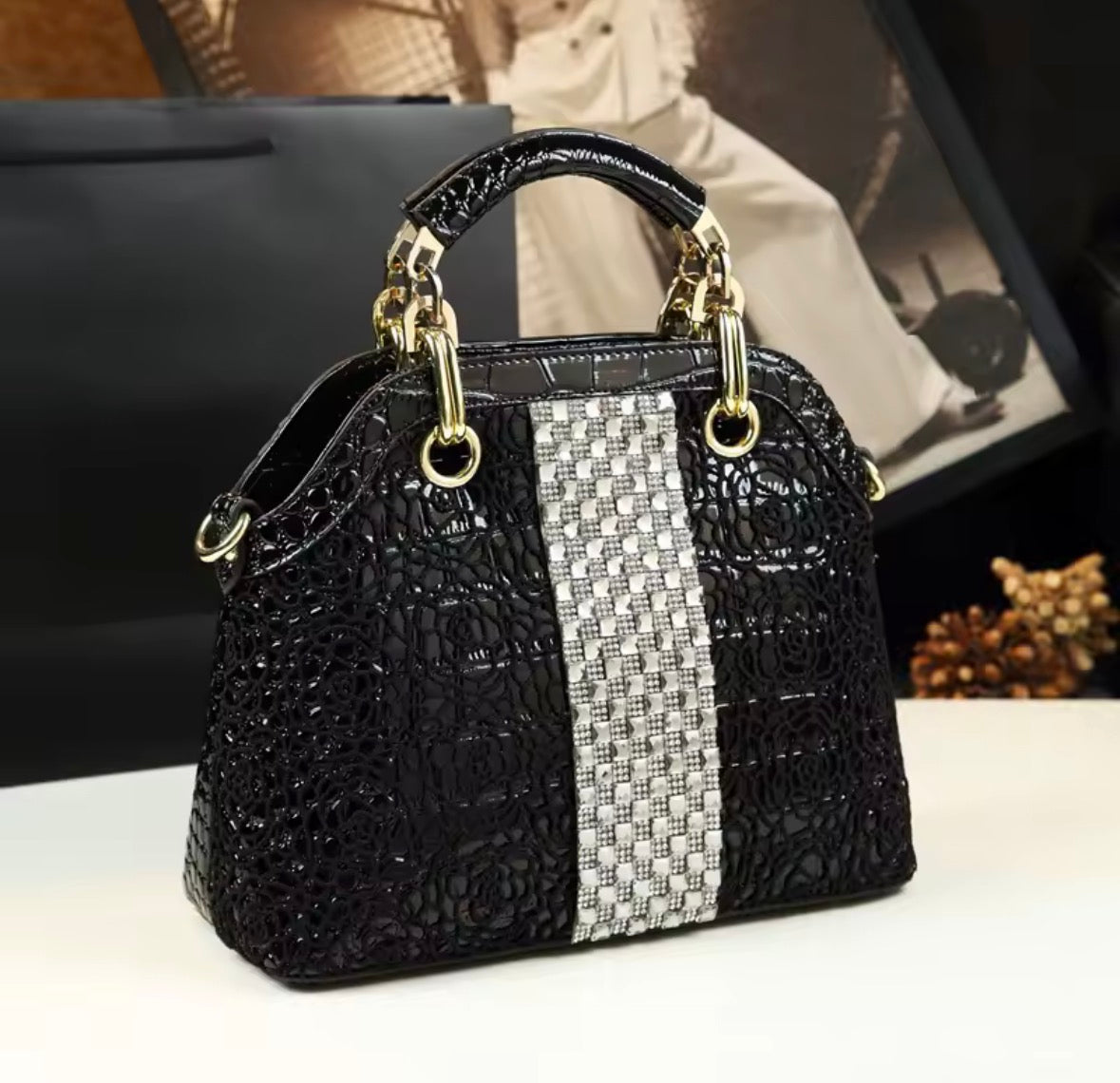 Diamond Embellished Lace Crocodile Pattern Women's Bag Shoulder Crossbody Handbag