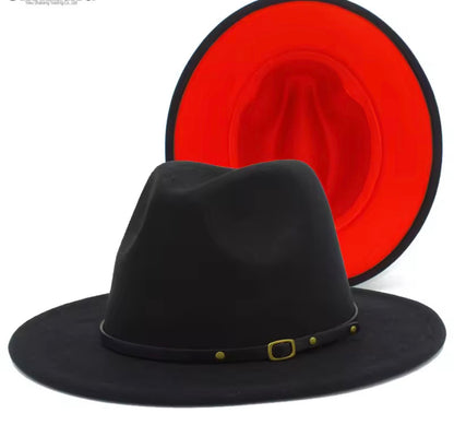 Two-color Fedora Hat Women Men Wide Brim Felt Jazz Hat Ladies Party Top Cap Patchwork large