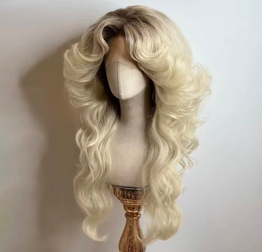 Women 70s HD lace closure 5*5 Wig ombre Blonde big body Wave Disco Singer Wig Vintage Costume Wig Halloween Party Costume Wig
