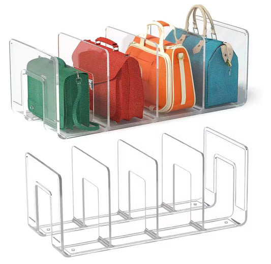 2 Pcs Acrylic Clear Purse Storage Organizers, 4 Sections Dividers in Bedroom Office