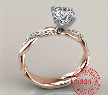 S925 Sterling Silver Two-Tone Twisted Halo Ring with 4-Prong Set Cubic Synthetic Zirconia Decor