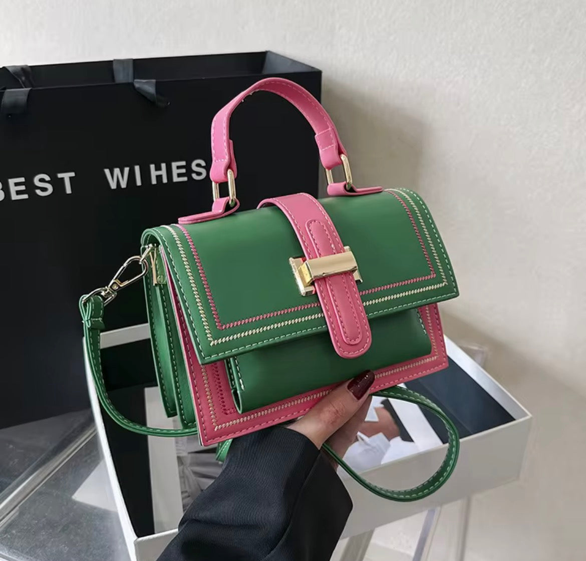 Green Casual Simple Rainbow Stitching Small Square Bag Fashionable Personalized AllMatch Chain Shoulder Messenger Bag Womens