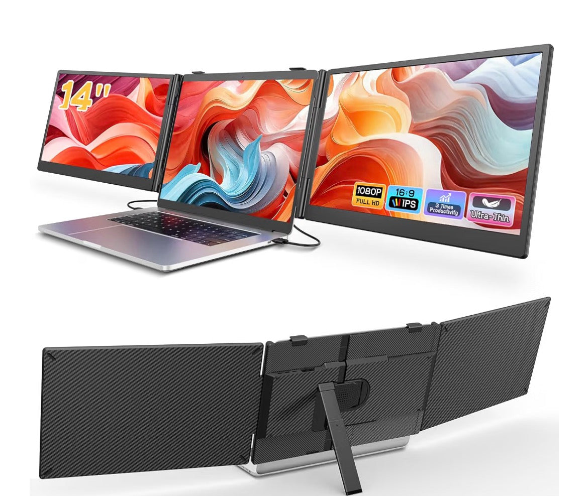 Laptop Screen Extender, 14'' FHD 1080P Ultra-Slim Triple Portable Monitor for Laptops, Two Cable USB-C Travel Monitor Extender Plug & Play for 13"-17" Laptop, Compatible with Wins/Mac/Android/Chrome