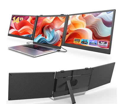 Laptop Screen Extender, 14'' FHD 1080P Ultra-Slim Triple Portable Monitor for Laptops, Two Cable USB-C Travel Monitor Extender Plug & Play for 13"-17" Laptop, Compatible with Wins/Mac/Android/Chrome