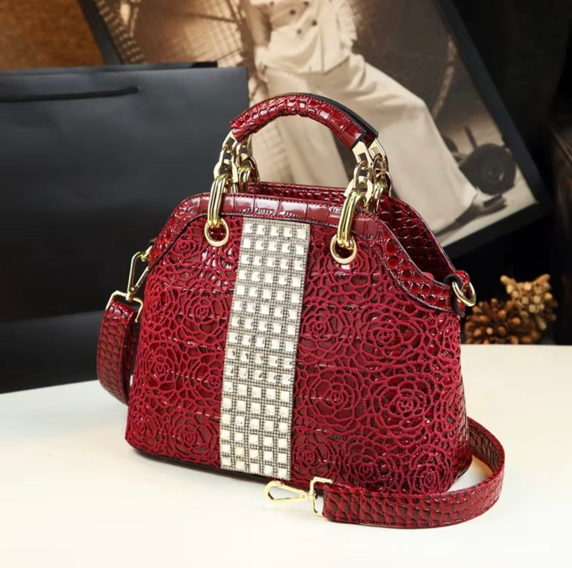 Diamond Embellished Lace Crocodile Pattern Women's Bag Shoulder Crossbody Handbag