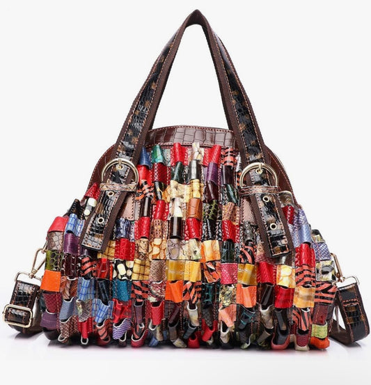 Women Multicolor Genuine Leather Boston Tote Bag Colorful Handbag Crossbody Bags
