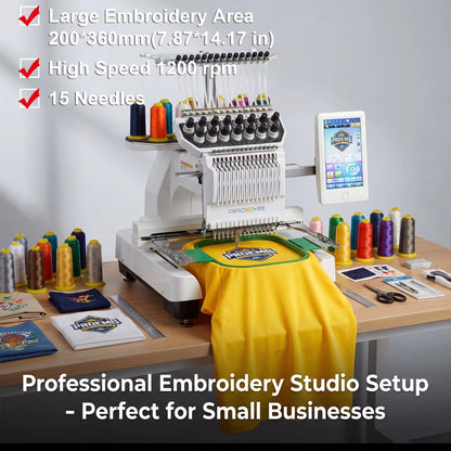BF-1500 15 Needle Single Head Home Commercial Embroidery Machine
Lightweight and easy to use,14"x8" Embroidery Area,1200SPM Max Speed,10" Touch Screen,3D Hats,Caps,Flat, T-shirt and more